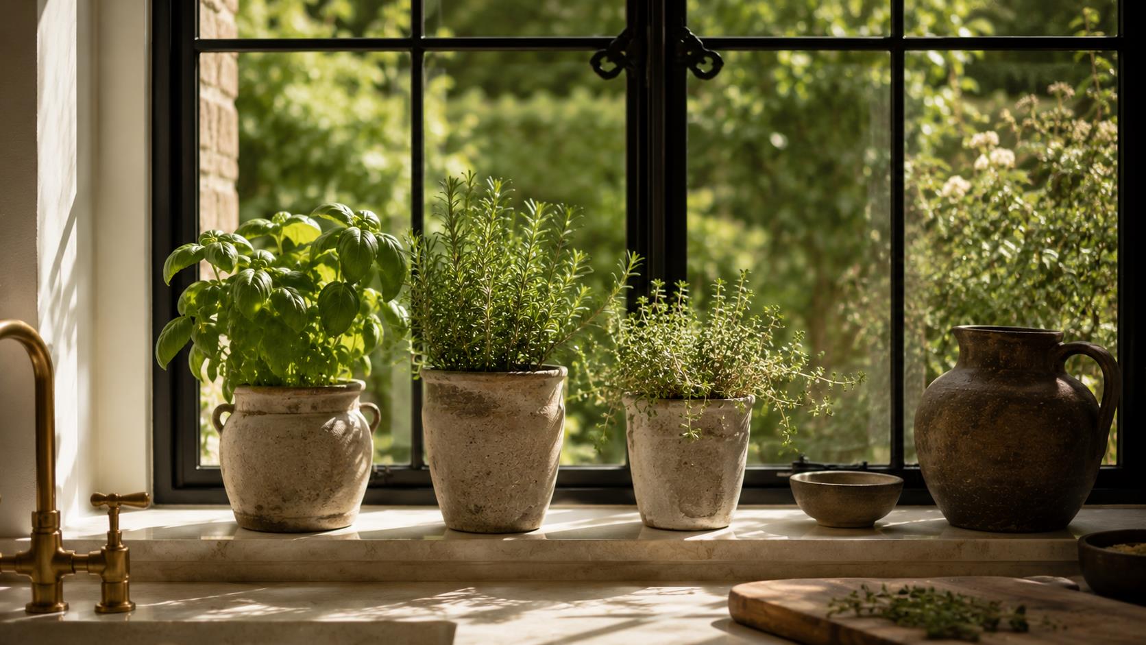 Potted Herb Windowsill Gardens in Stoneware Pots